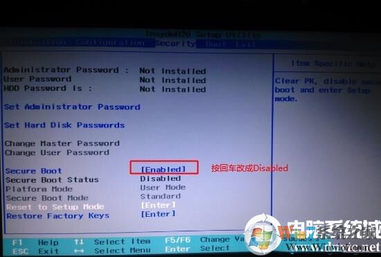 Secure Boot回車設(shè)置成Disabled