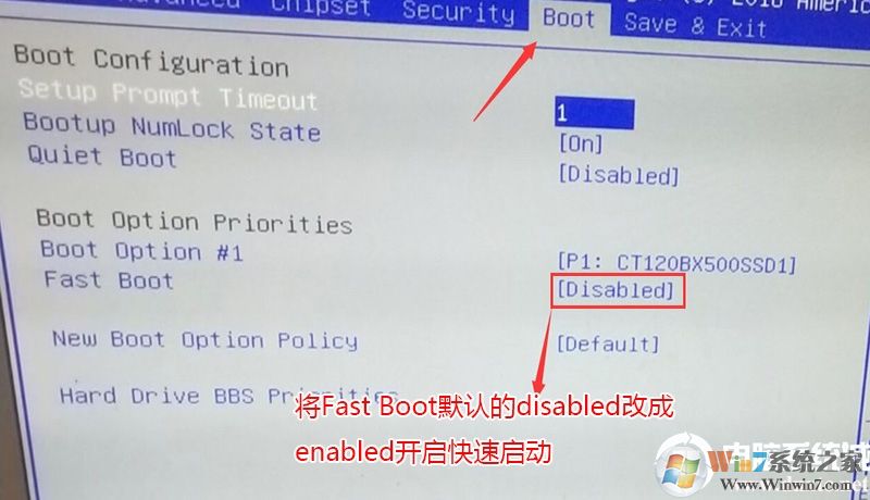 將Fast Boot默認(rèn)的disabled改成enabled，開啟快速啟動,