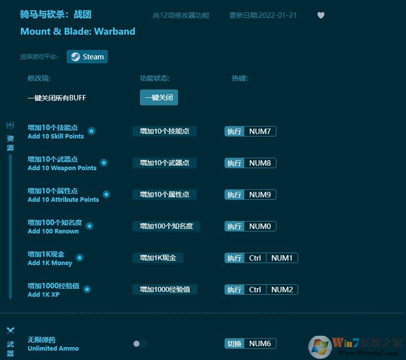 騎馬與砍殺戰(zhàn)團(tuán)十二項(xiàng)修改器